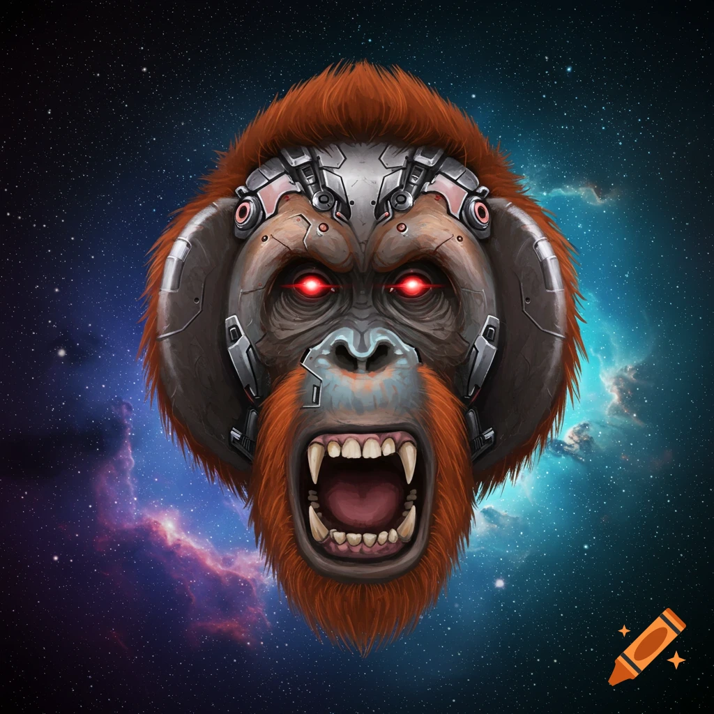 An angry cyborg orangutan head in space.