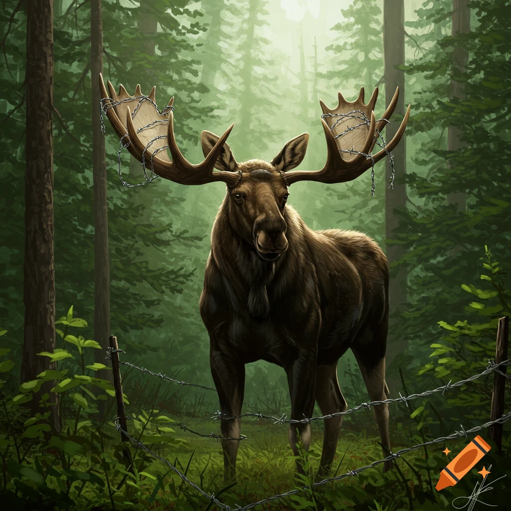A moose with barbed wire wrapped around its antlers stands in a forest.