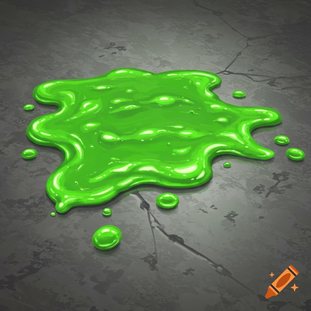 A vibrant green slime puddle and drops on a cracked grey stone floor.