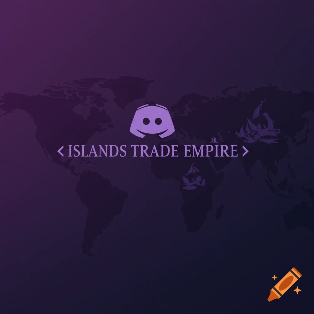 A purple Discord logo and text "< ISLANDS TRADE EMPIRE >" over a dark world map with ships.