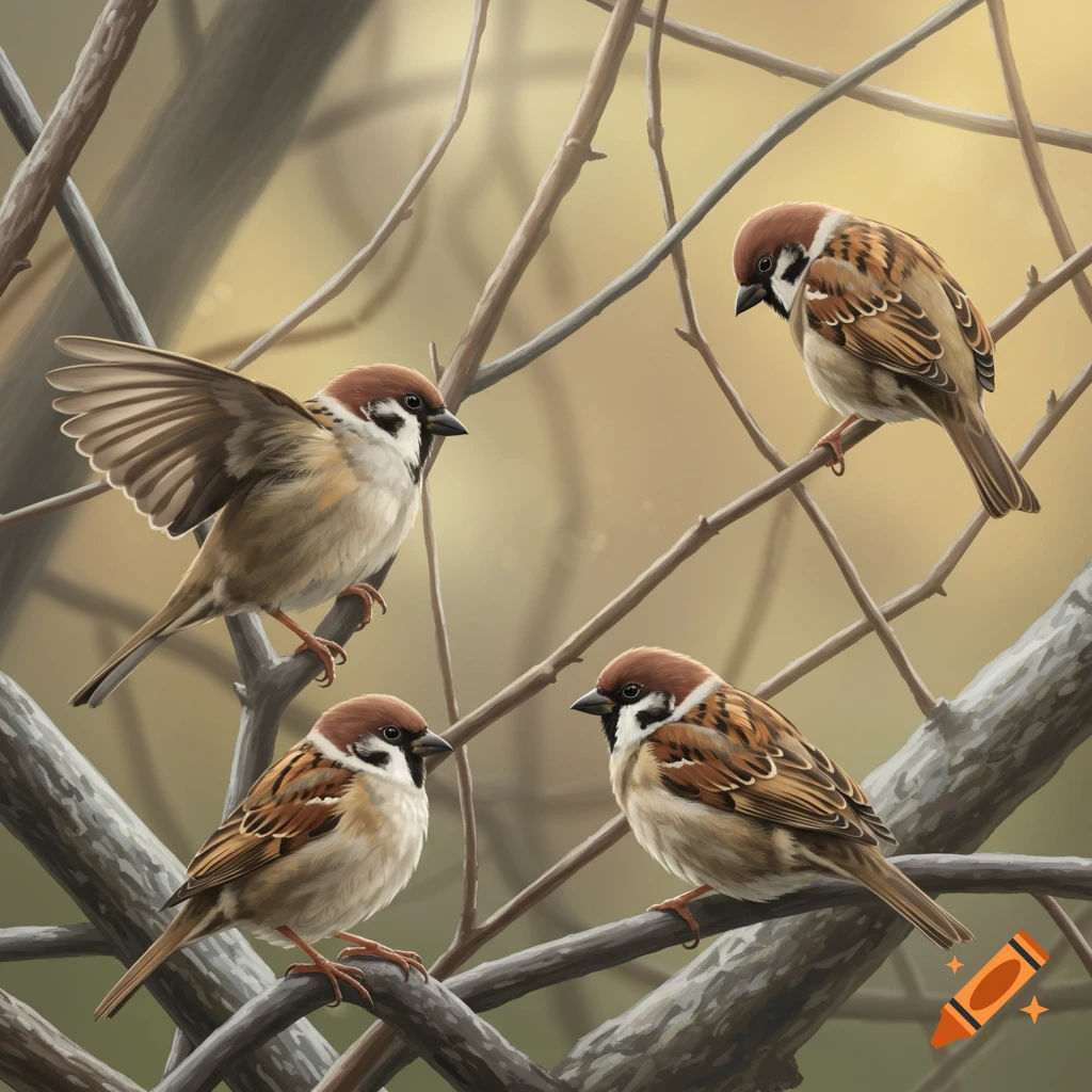 Four sparrows perched on tree branches