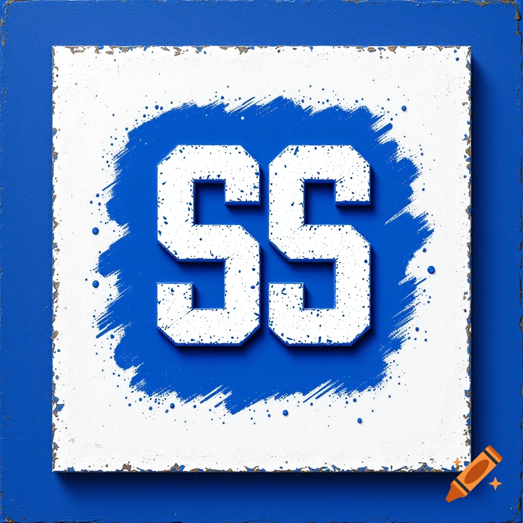 White letters SS on a white rectangle with blue paint splatter, set on a distressed blue background.