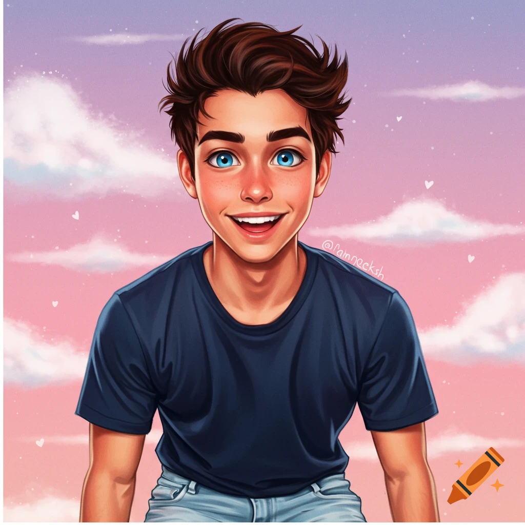 A young man with blue eyes is smiling against a cloudy sky.