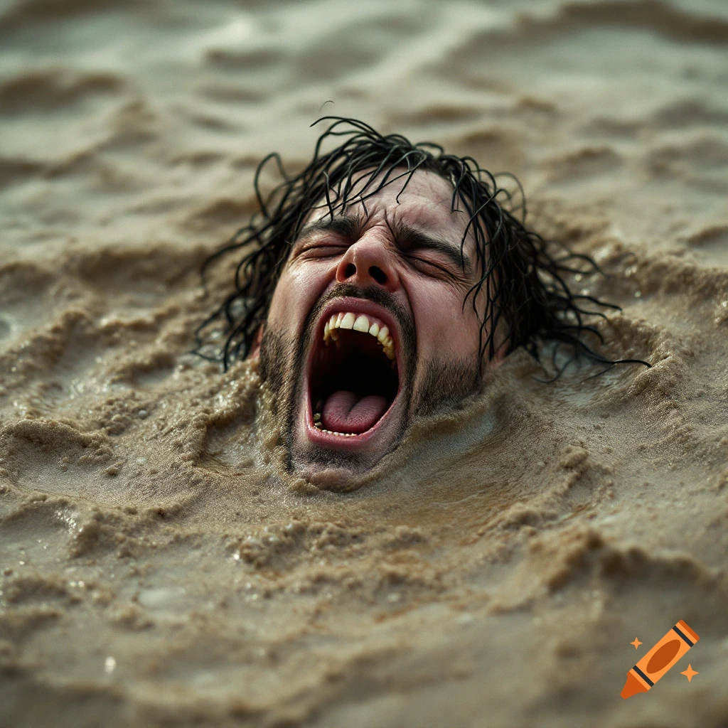 Photorealistic image of a man's head screaming from quicksand