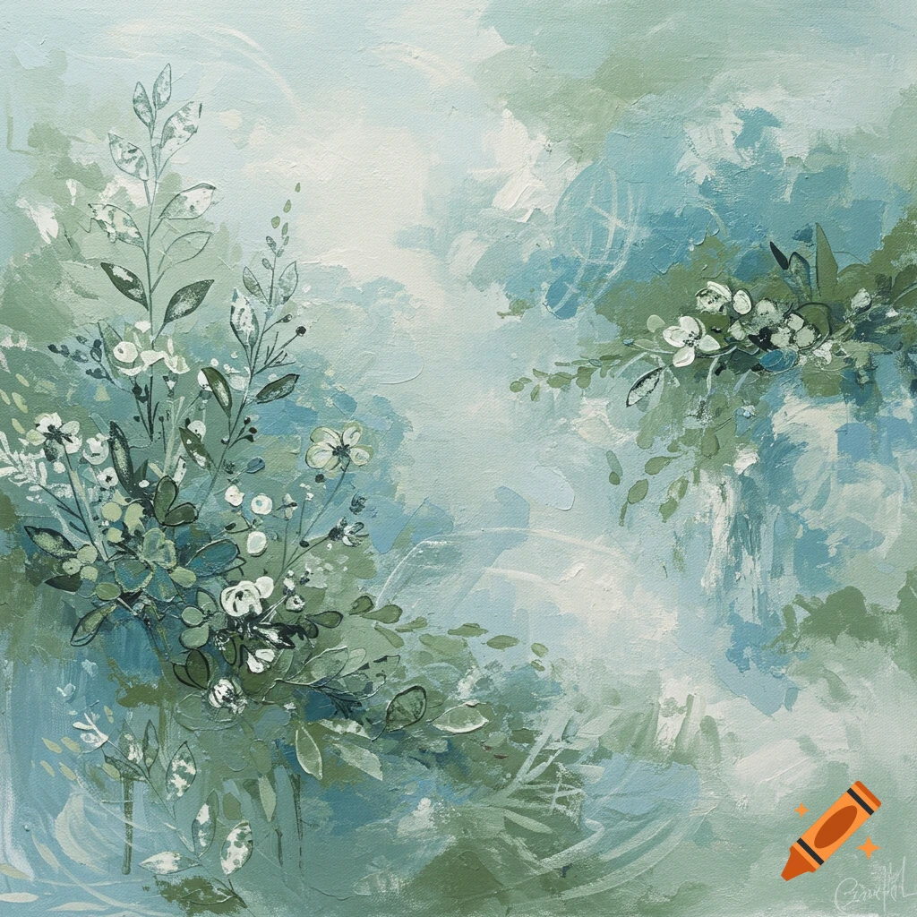 An abstract painting with botanical elements in sage green, blue, and white.
