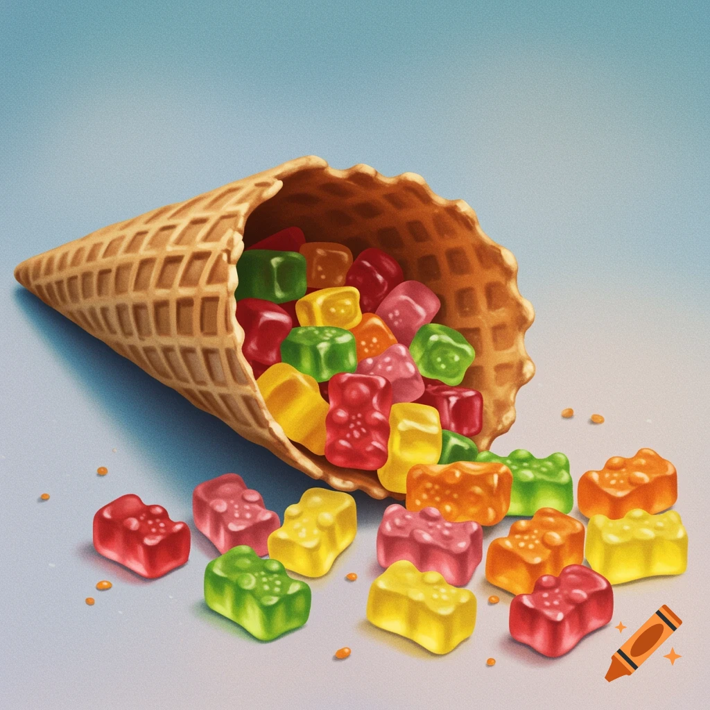 A waffle cone overflows with colorful gummy bears