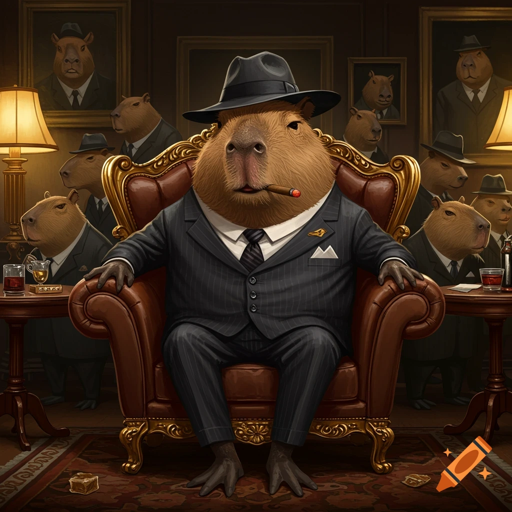 A capybara mob boss in a pinstripe suit and fedora sits in a large chair, smoking a cigar. Paintings of other capybaras in suits hang on the walls.