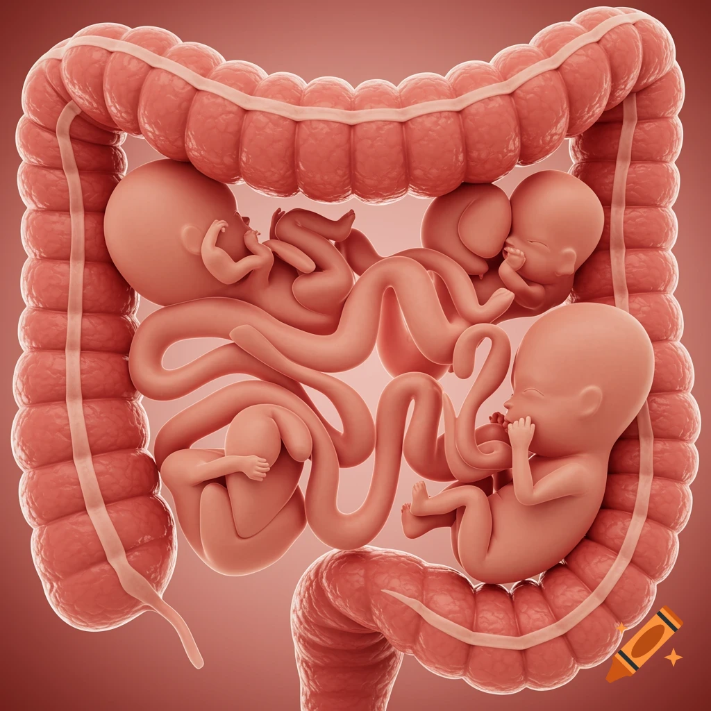 Medical illustration of human embryos embedded in the large intestine.