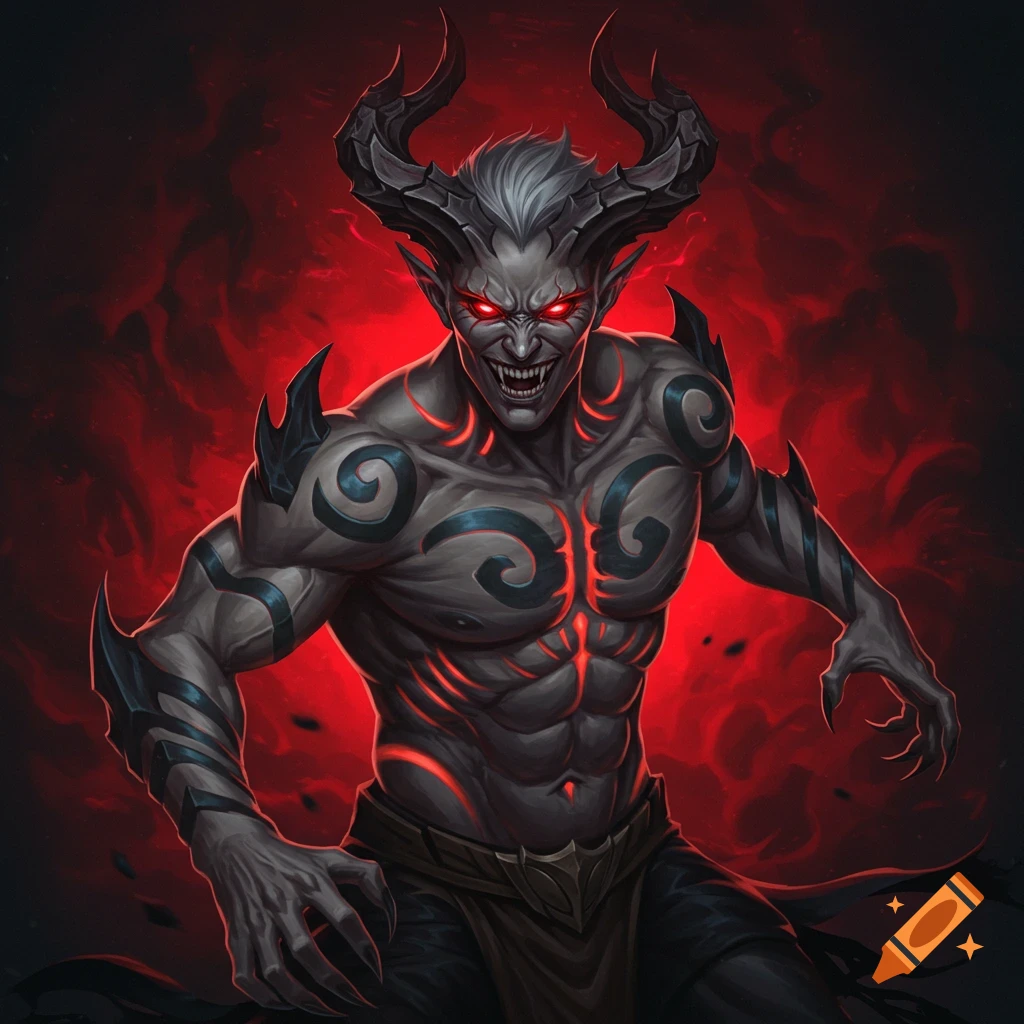 A demon with grey skin, horns, glowing red eyes, sharp teeth, and dark tribal markings against a red background.