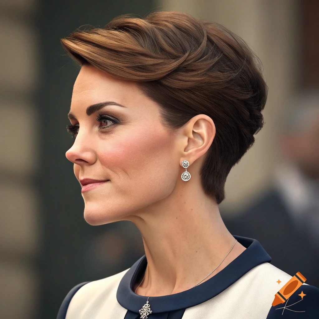 Profile portrait of a woman with a short brown pixie cut, wearing diamond earrings and a blue and white jacket.