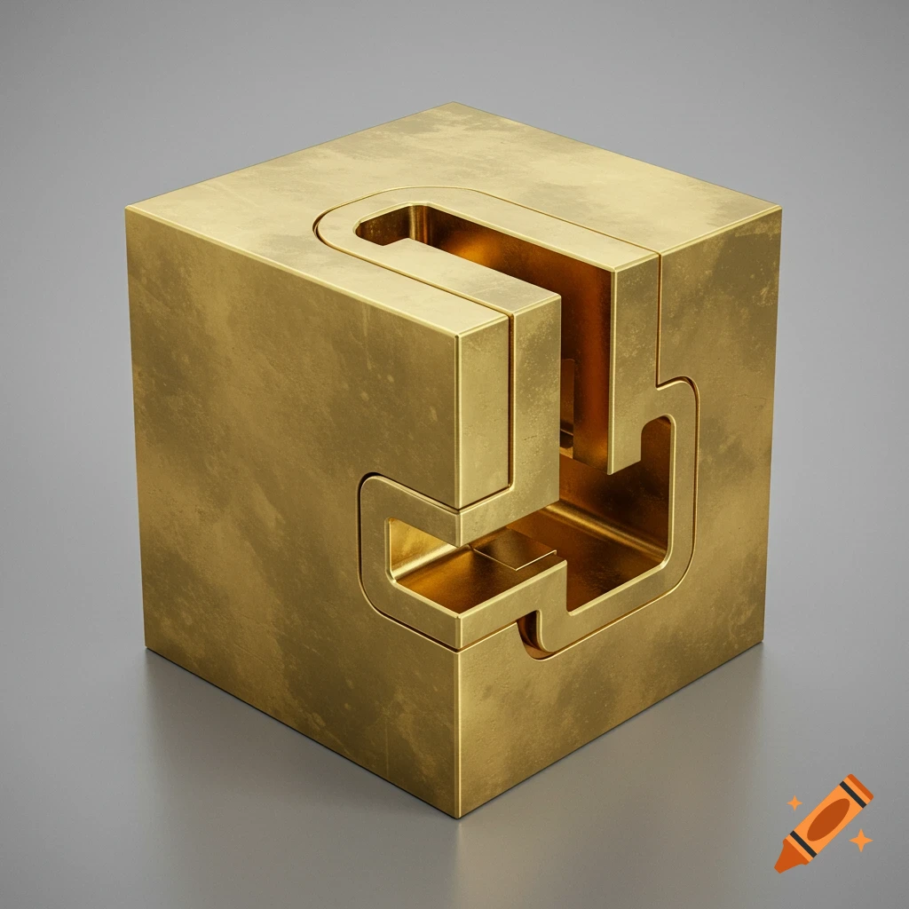A 3D render of a brass cube with a complex shape cut out of two sides.