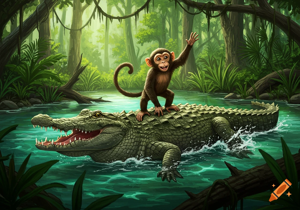 A monkey rides an alligator through a jungle river.