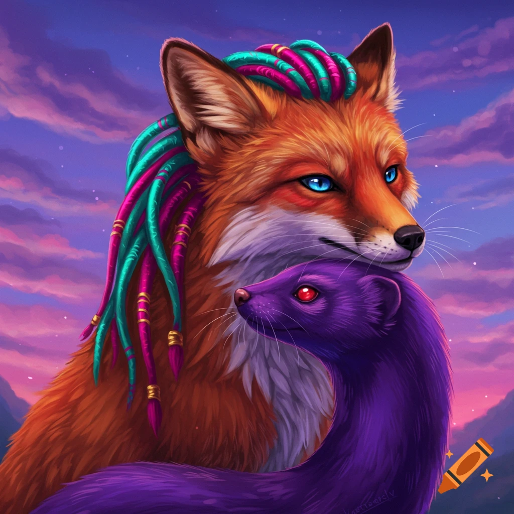 A fox with colored dreadlocks is cuddling a purple weasel under a twilight sky.