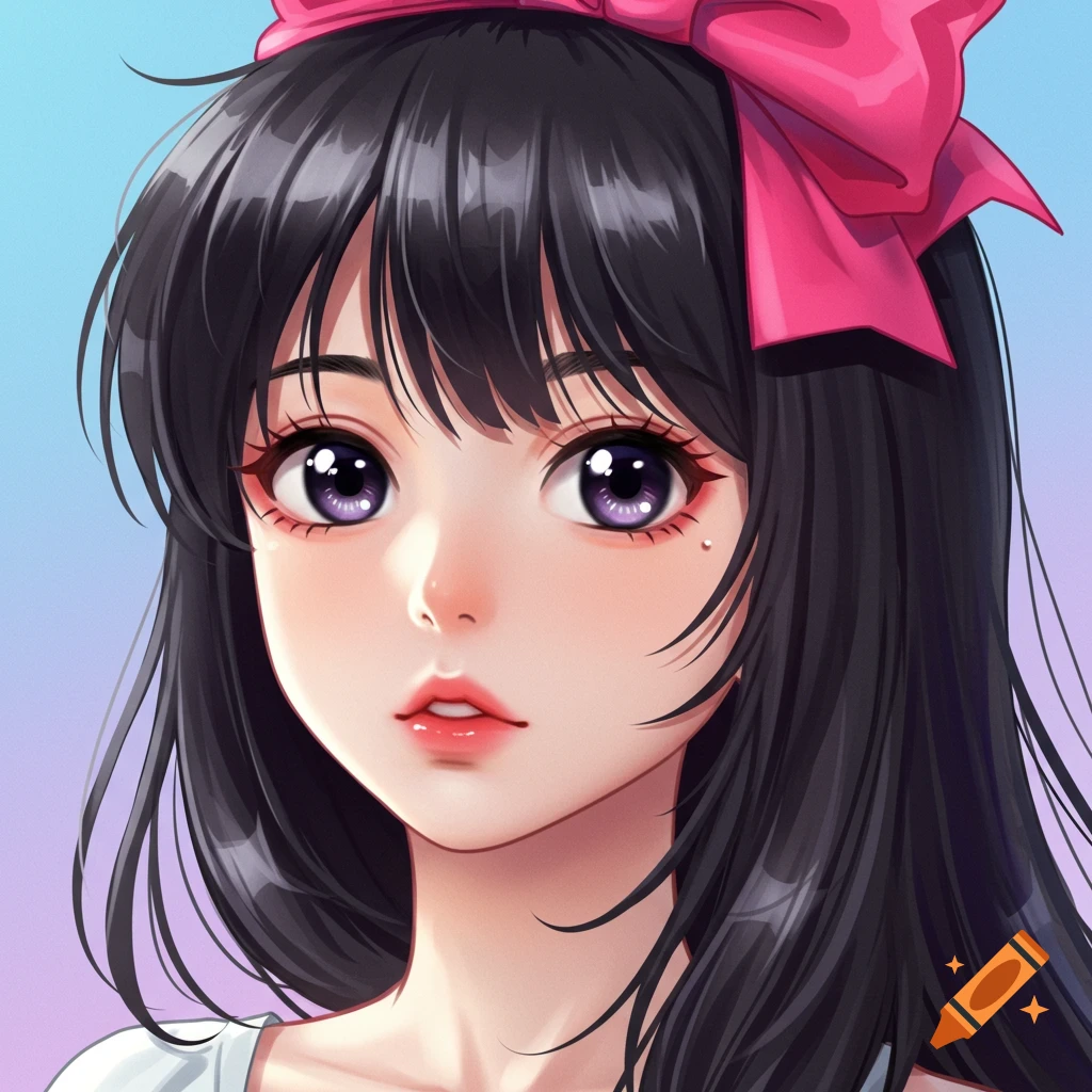 Close-up anime illustration of a girl with black hair and a large pink bow.