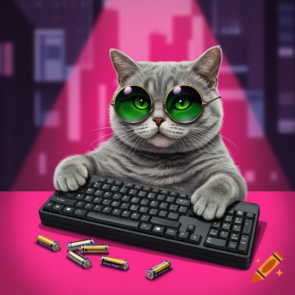 A grey cat wearing green lens sunglasses types on a black keyboard. Several batteries are scattered nearby.