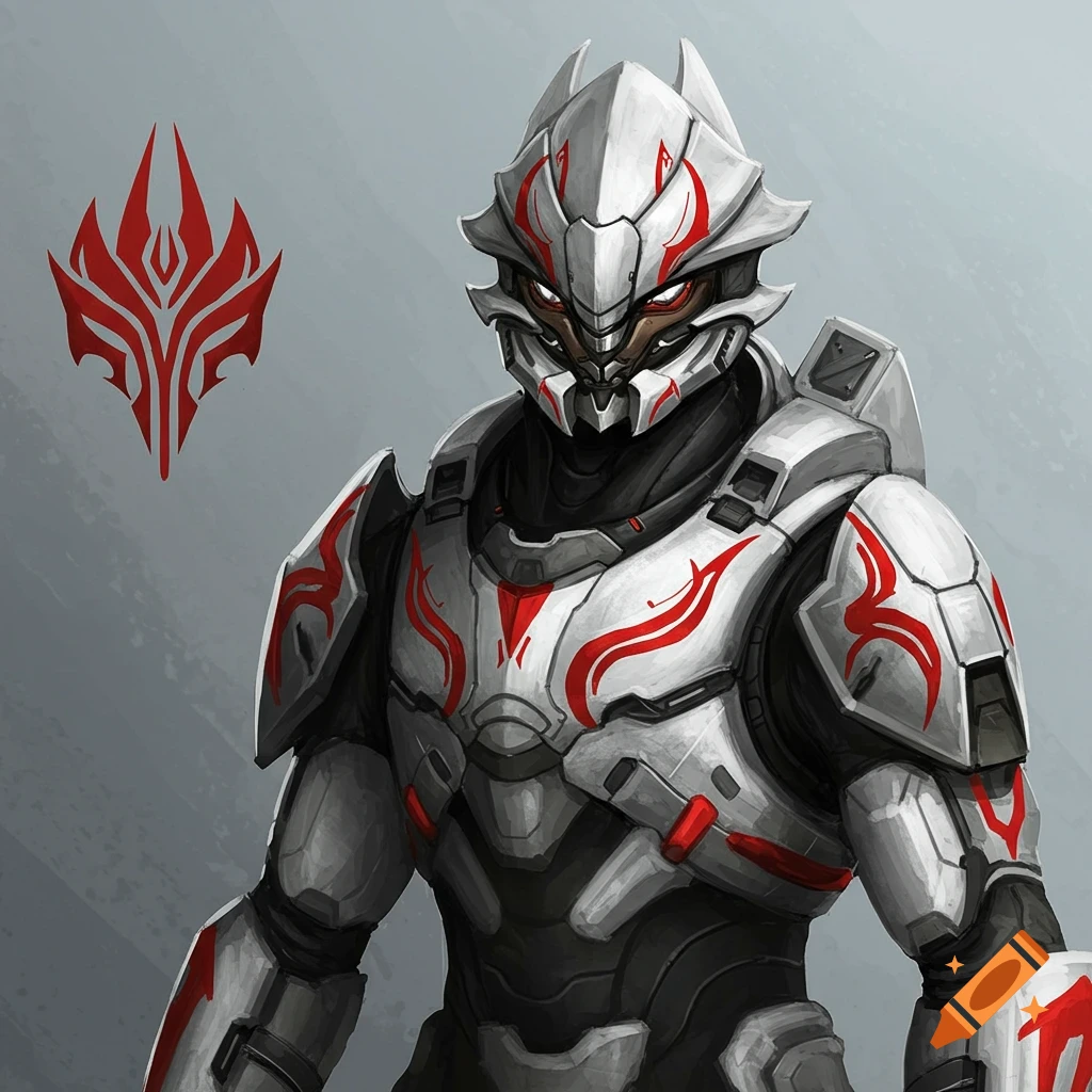 A character in detailed white and red futuristic armor.