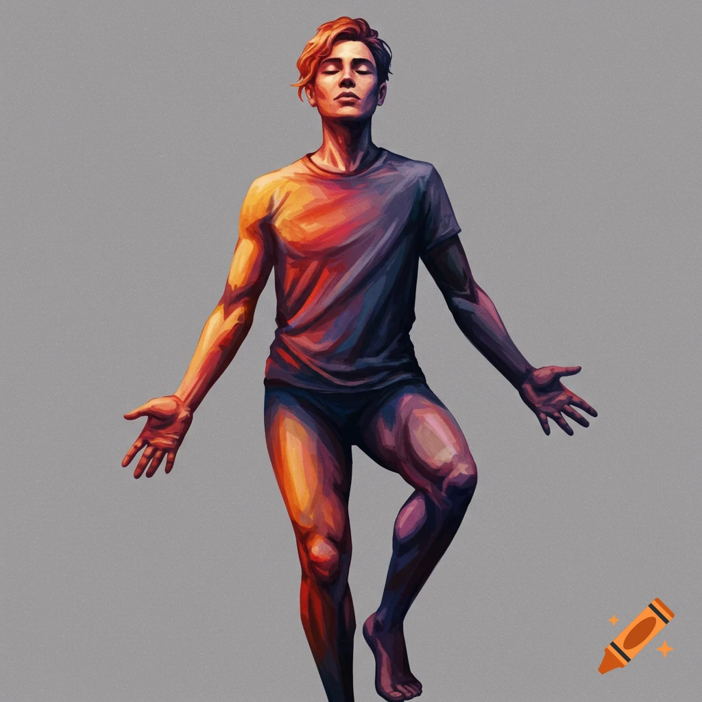 A person stands with eyes closed, arms outstretched, in vibrant warm colors.