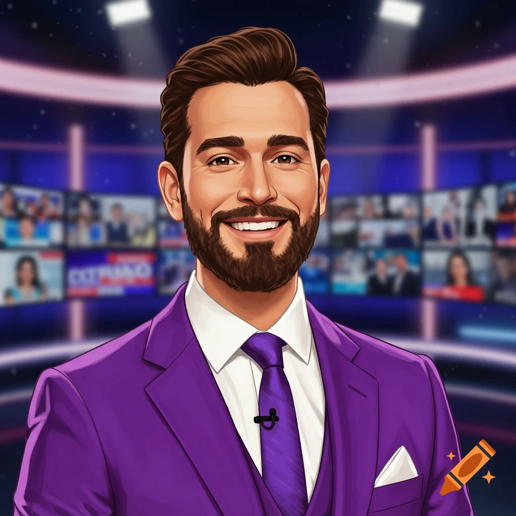 A man in a purple suit smiles in a TV studio.