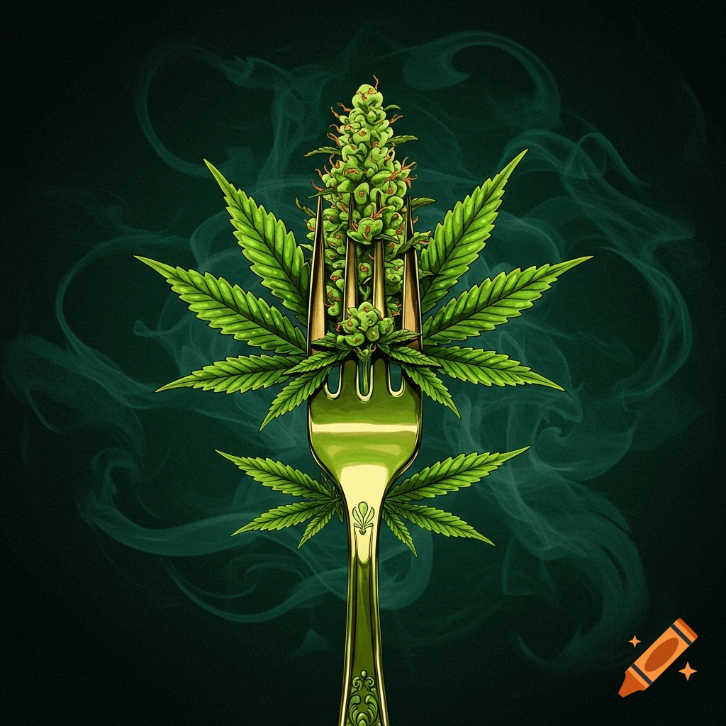 A golden fork holds a marijuana bud, surrounded by leaves and smoke.