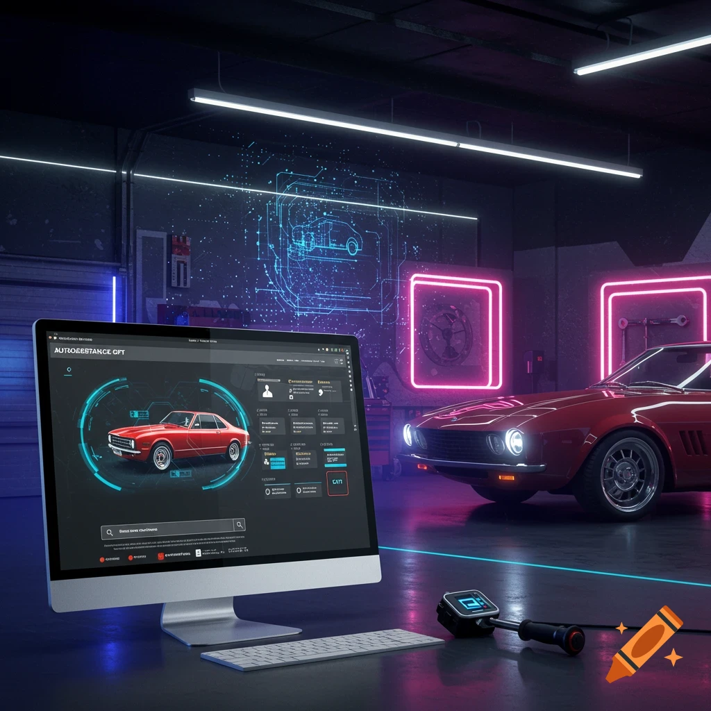 A red classic car in a futuristic garage with a computer screen displaying automotive data and neon lighting.