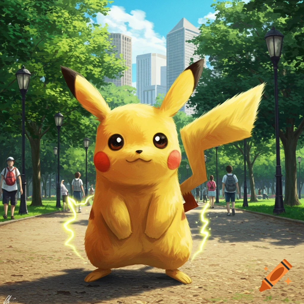 Pikachu standing in a park with buildings in the background.