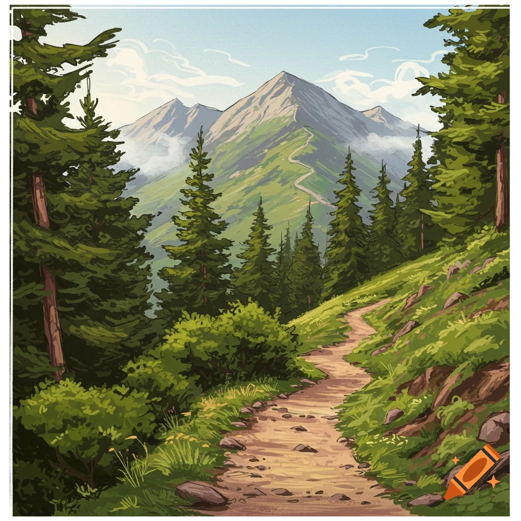 A winding mountain trail through a forest leading to a peak.