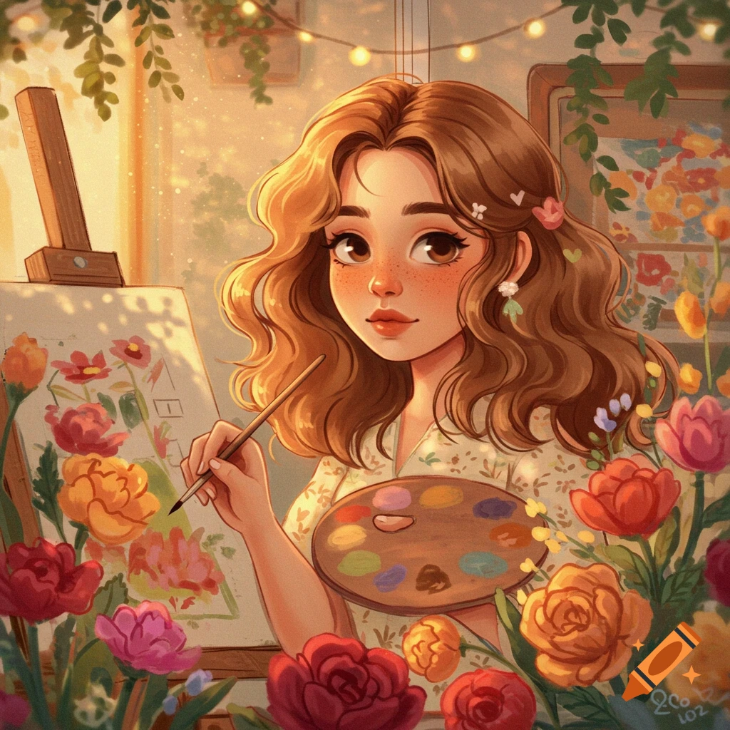 A cute cartoon girl with wavy brown hair paints flowers on a canvas in a sunlit room, holding a brush and palette.