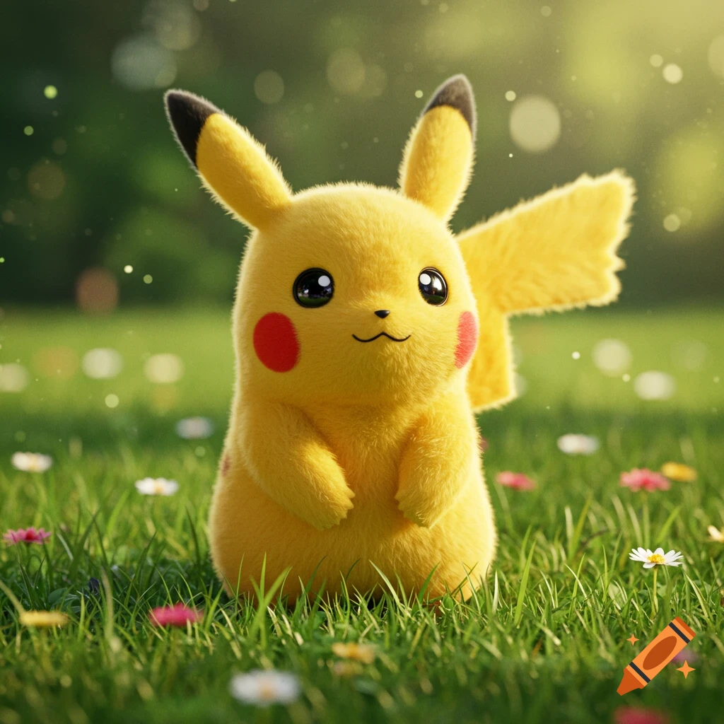 A fluffy Pikachu sitting in a grassy field filled with small flowers.