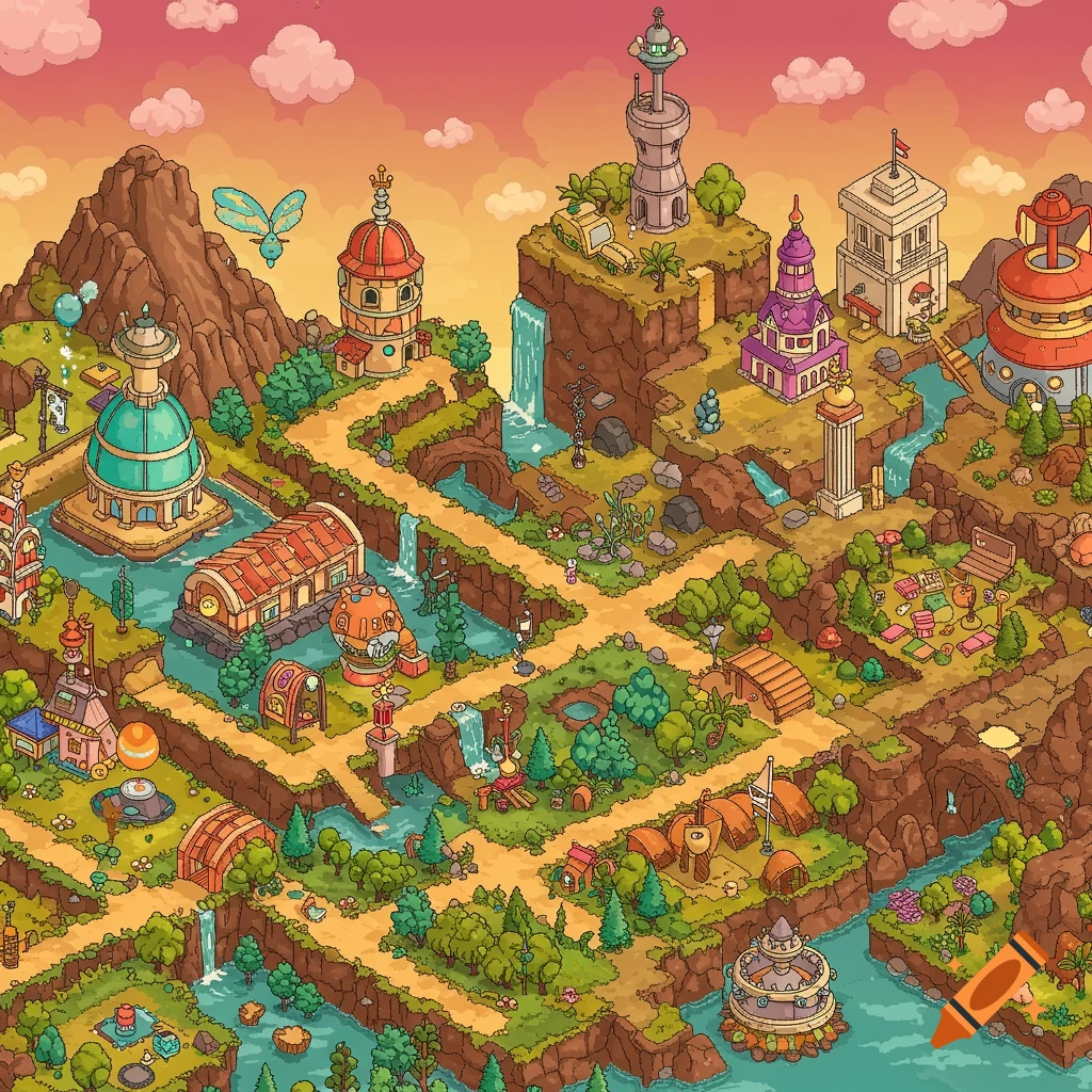 Isometric digital art of a fantasy landscape with buildings, water, and paths.