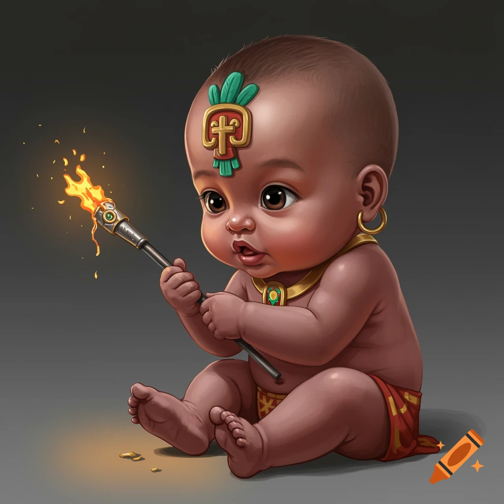 A baby in Aztec attire holds a lit torch.