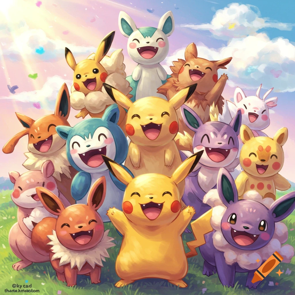 A group of happy, smiling Pok
0e9mon characters are clustered together outdoors.