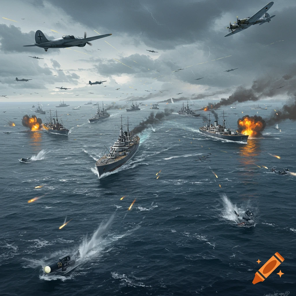 A dramatic scene of a WWII-era naval battle unfolds with powerful warships exchanging fire amidst explosions and stormy skies, as aircraft soar overhead.