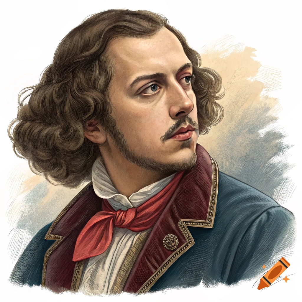 Illustration of a man with curly hair and mustache, wearing a blue jacket and red scarf.