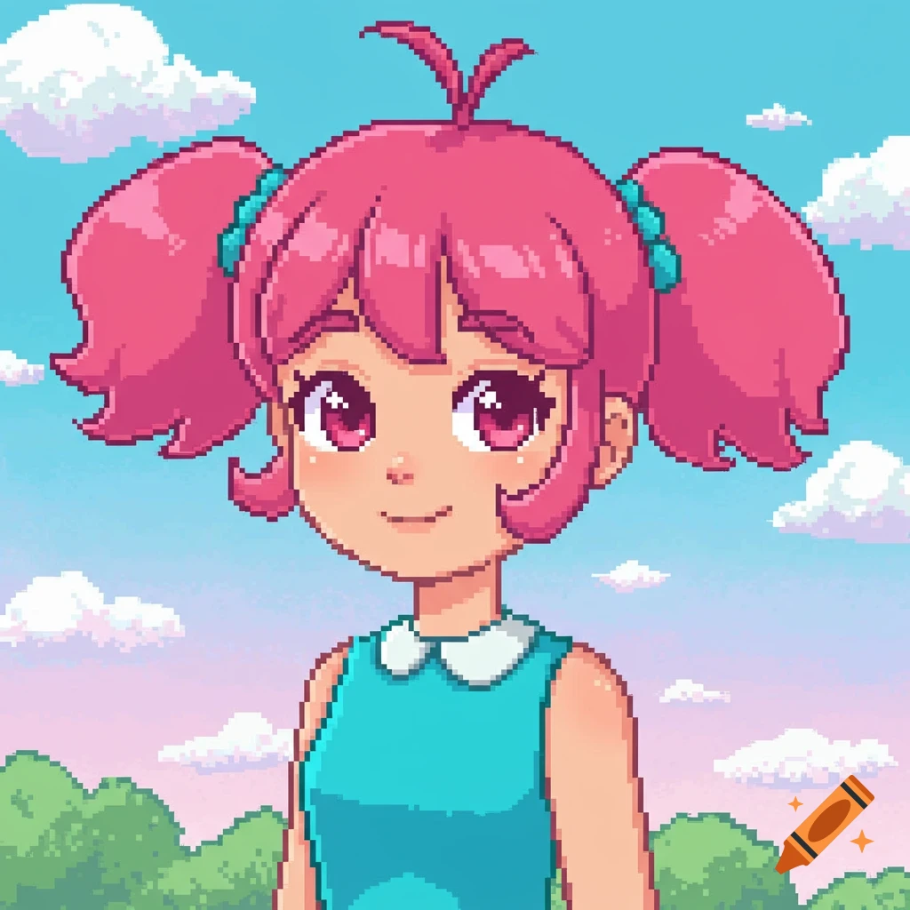 Pixel art cartoon portrait of a girl with pink hair in pigtails and a blue dress, against a sky background.
