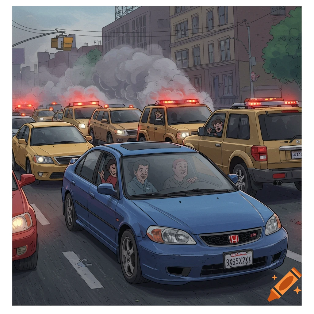 A busy city street with a traffic jam, cars backed up with smoke and frustrated drivers.