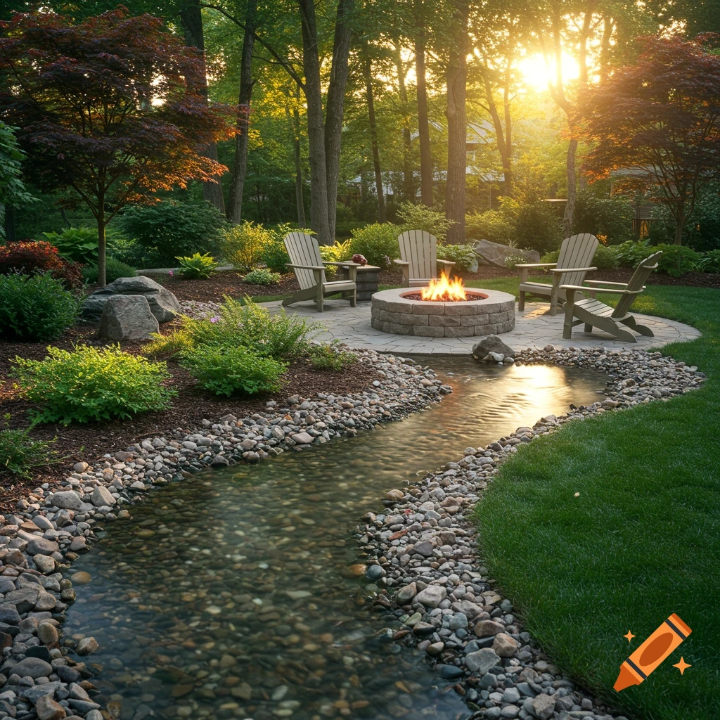 A backyard fire pit area with adirondack chairs, surrounded by landscaping and a small stream.
