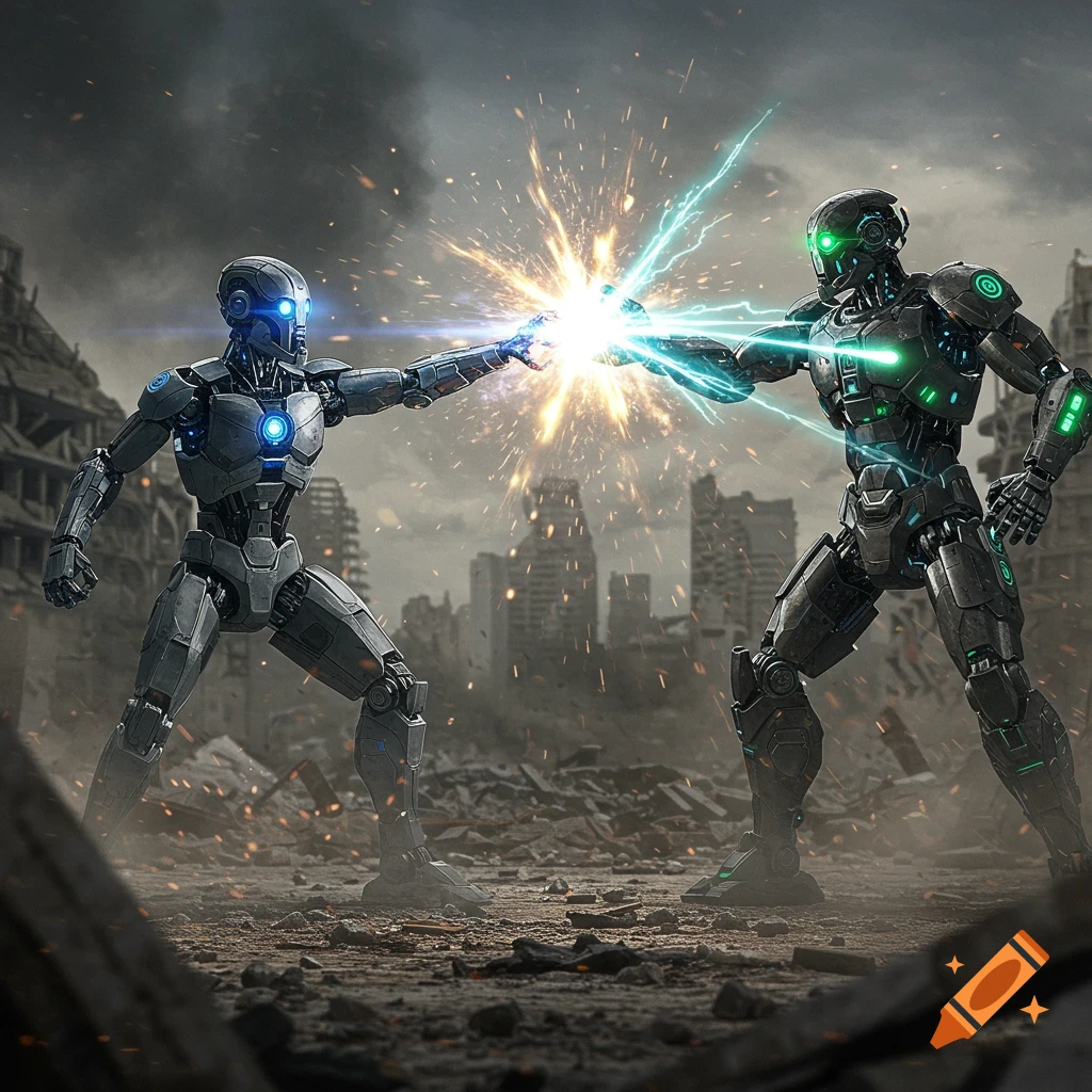 Two robots fight with energy blasts in a ruined city.