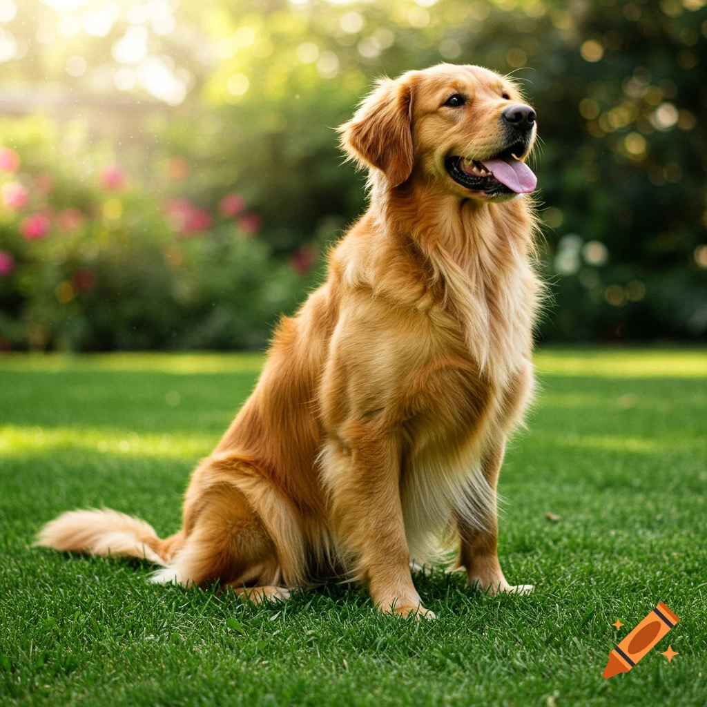 Golden retriever sitting in a sunny garden