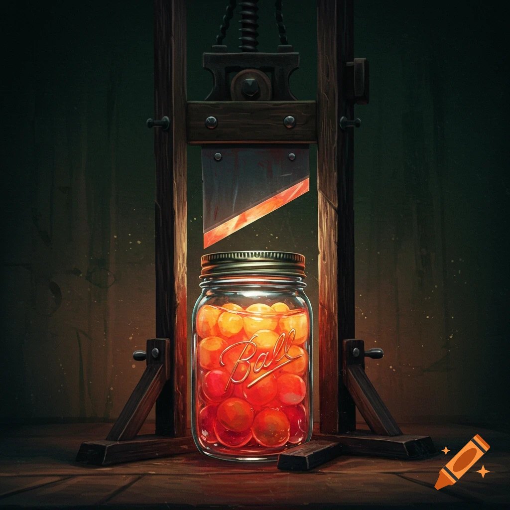 A canning jar is filled with orange balls and positioned beneath a guillotine blade.