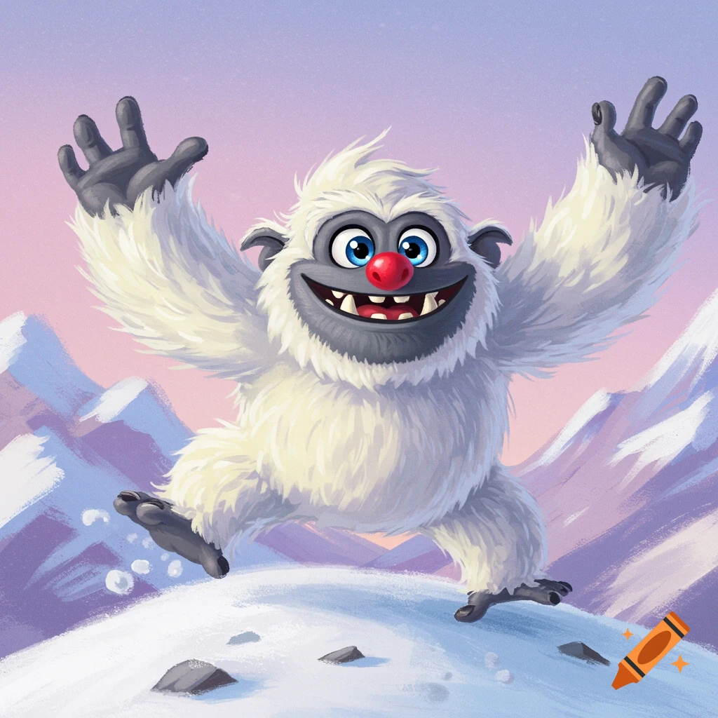 Cartoon yeti jumping in snow on mountain