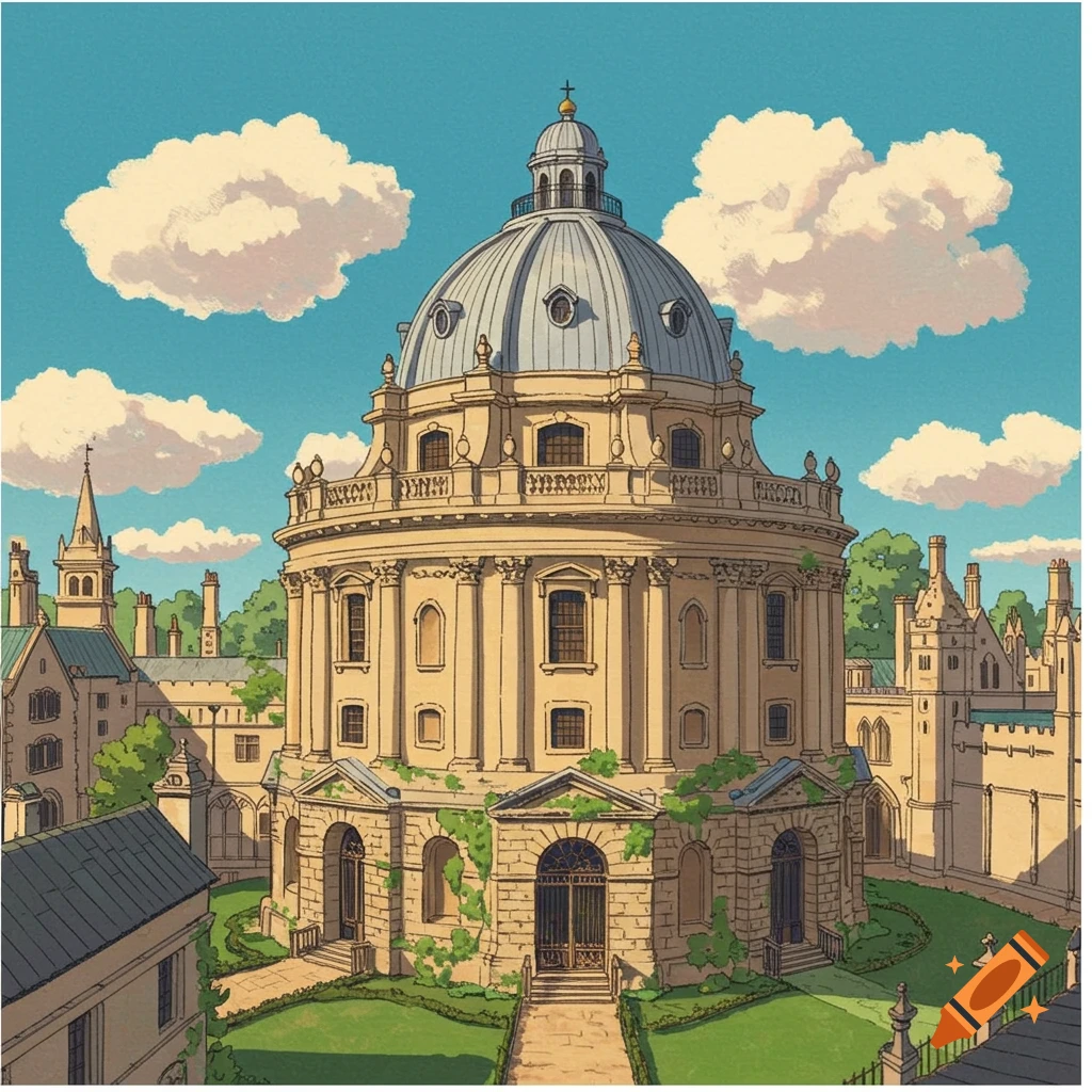 A Ghibli-style scene of the Radcliffe Camera building in Oxford.