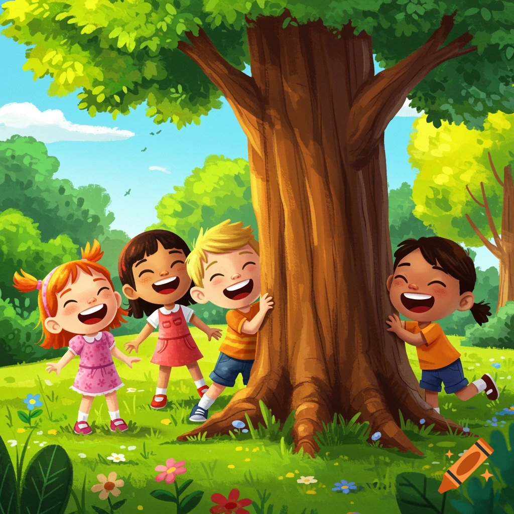 Four diverse cartoon children laugh while playing hide-and-seek around a large tree in a sunny park.