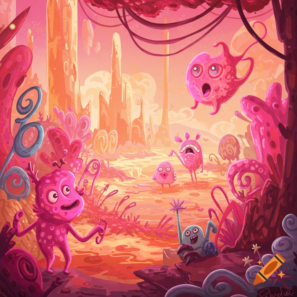 Pink cartoon alien creatures in a vibrant, surreal fantasy landscape.
