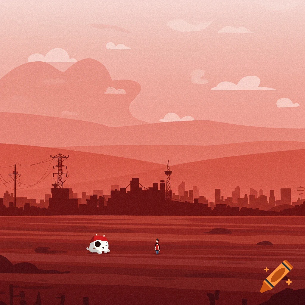 Minimalist illustration of a red landscape with a distant cityscape, a small figure, and a creature.