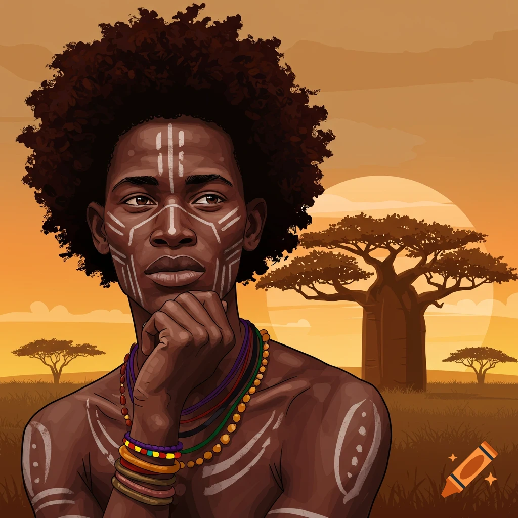 A person with tribal markings and beads in an African savanna landscape with baobab trees at sunset.