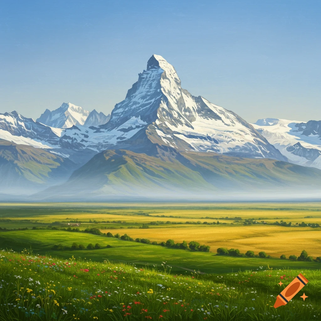 A large snow-capped mountain overlooks green and yellow fields with wildflowers.