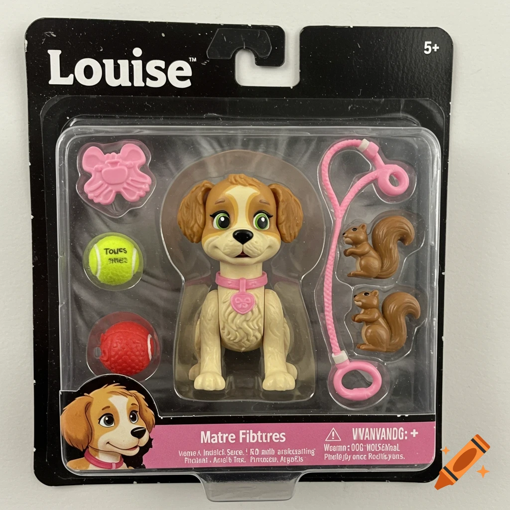 A toy dog figure named Louise in its plastic and cardboard packaging with accessories like a pink leash, tennis balls, and squirrels.