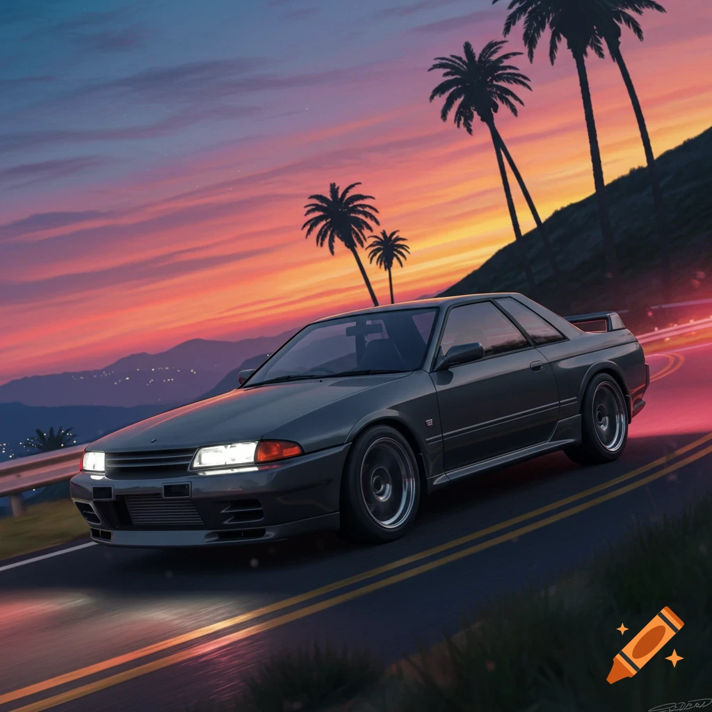 A gray Nissan GT-R R32 drives on a road with palm trees under a vibrant sunset sky.
