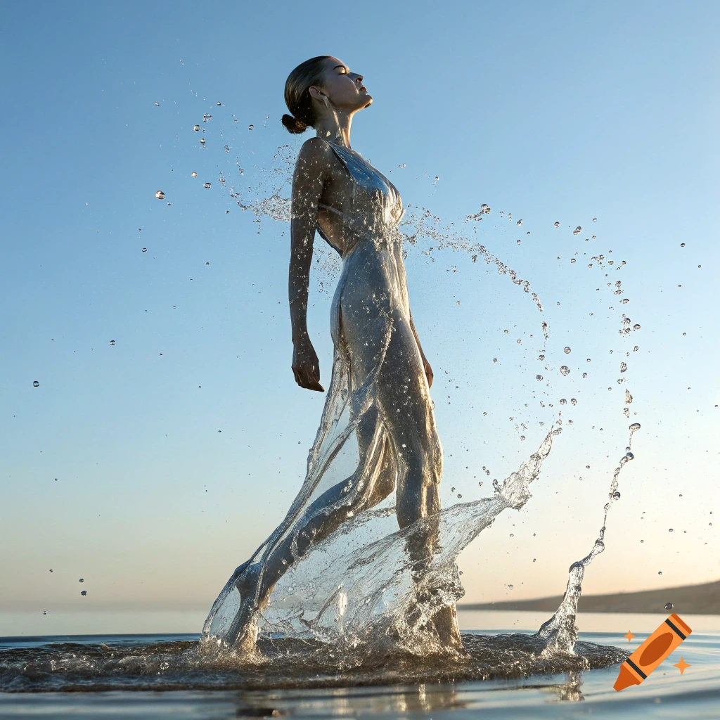 Photorealistic image of a woman in a water dress standing in shallow water with splashes.