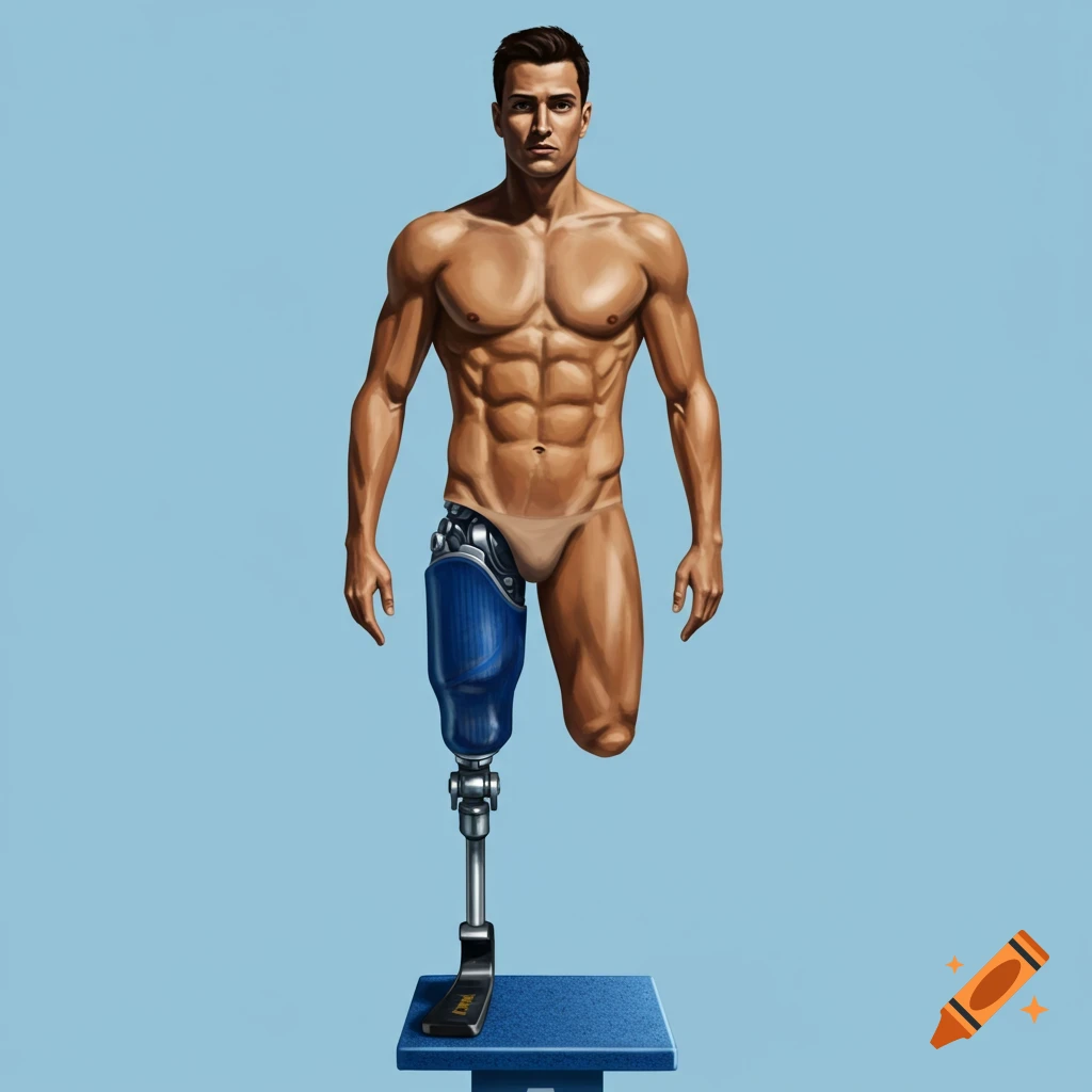 An amputee man with a prosthetic leg stands on a swim block.